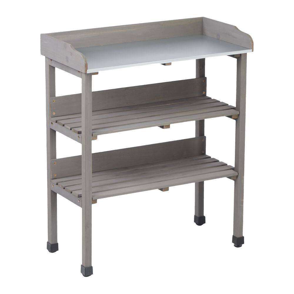 30 in. W x 35.5 in. H Grey Solid Wood Potting Table, 3 Layers Outdoor Work Bench with Hook for Garden price history on PriceWatchPro