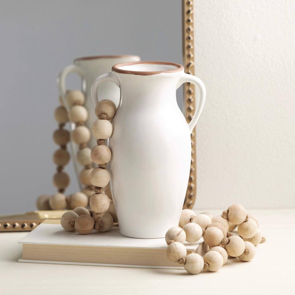 Sleek White Ceramic Vase with Natural Rim and Handles 11"x6"