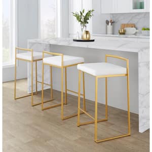 Fuji 27.75 in. White Velvet and Gold Metal Stackable Counter Stool (Set of 3)