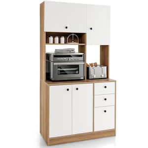 71 in. H Kitchen Pantry Dining Hutch Storage Cabinet with Microwave Stand and Cabinets, White