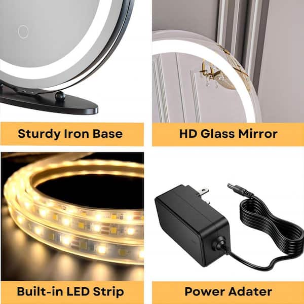 19 in. Round 3-Color-LED Touch Screen, Makeup Dimmable Lighted Mirror for Table in Black Frame