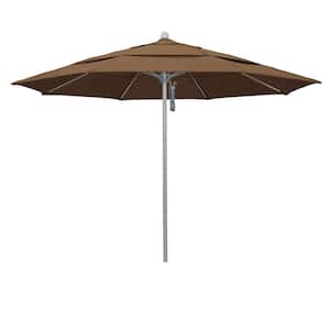 11 ft. Gray Woodgrain Aluminum Commercial Market Patio Umbrella Fiberglass Ribs and Pulley Lift in Teak Sunbrella