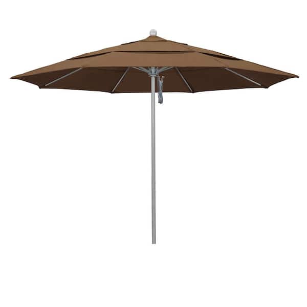 California Umbrella 11 ft. Gray Woodgrain Aluminum Commercial Market Patio Umbrella Fiberglass Ribs and Pulley Lift in Teak Sunbrella