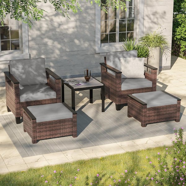 JOYESERY 5-Pieces Patio Conversation Set with Side Table and Ottomans All-Weather Brown PE Wicker Gray Cushion
