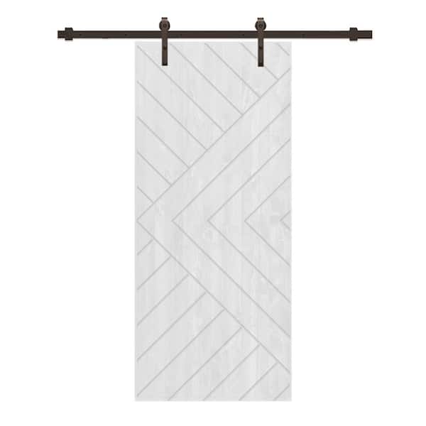 CALHOME Chevron Arrow 34 in. x 84 in. Fully Assembled White Stained Wood Modern Sliding Barn Door with Hardware Kit