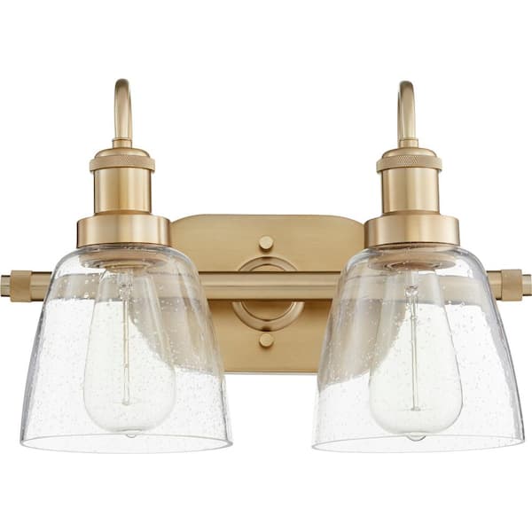 Quorum INTERNATIONAL Hollis Transitional, 16 Width in. 2-Lights Oiled Bronze and Aged Brass Finish Vanity Light with Clear Glass Shades