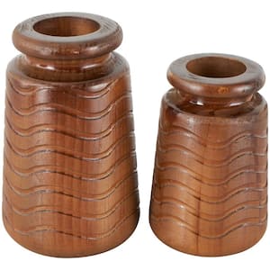Brown Wood Decorative Vase with Carved Wavy Designs (Set of 2)