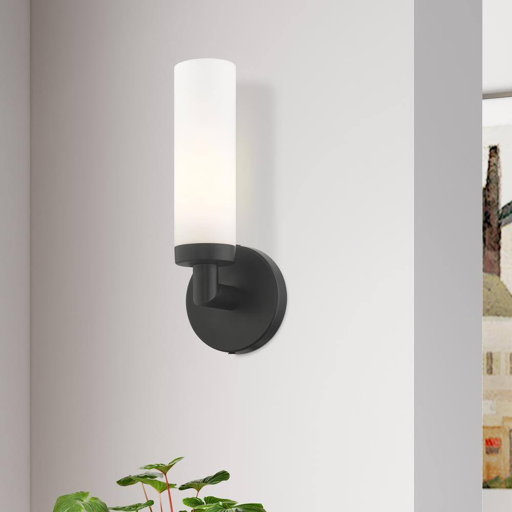 Black Steel Wall Sconce with Satin Opal Glass Shade