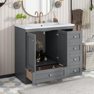 36 in. W Gray Shaker Style Free-Standing White Resin Top Bathroom Vanity Cabinet with 4-Drawers