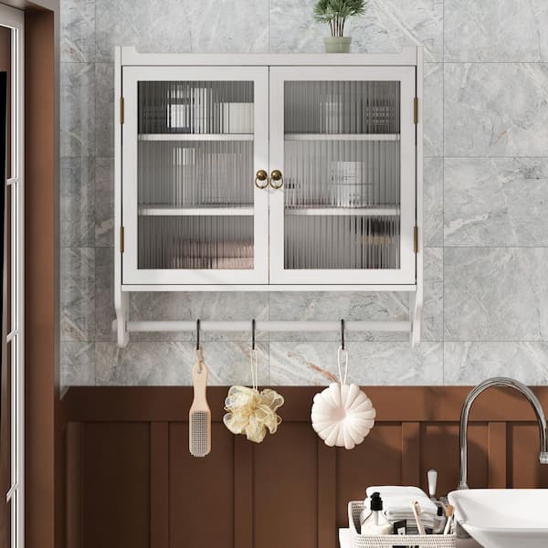24 in. W x 24 in. H Rectangular White Surface Mount Medicine Cabinet without Mirror with Glass Doors and Towel Rack