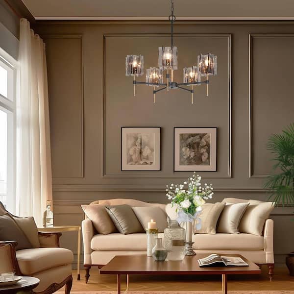 Echonalyri Glam 5-Light Matte Black and Plating Brass Chandelier with Geometric Textured Glass Shades