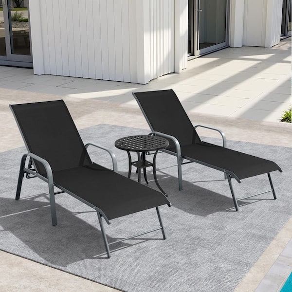 3-Piece Aluminum Adjustable Outdoor Patio Chaise Lounge in Black with Armrest and Side Table