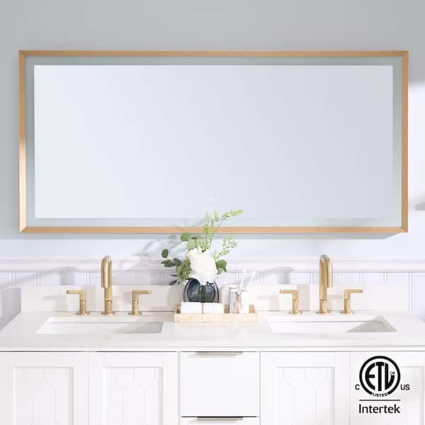 ANGELES HOME 60 in. W x 28 in. H Rectangular Framed Slope Dimmable Backlit Front LED Bathroom Vanity Mirror w/ Light in Brushed Gold