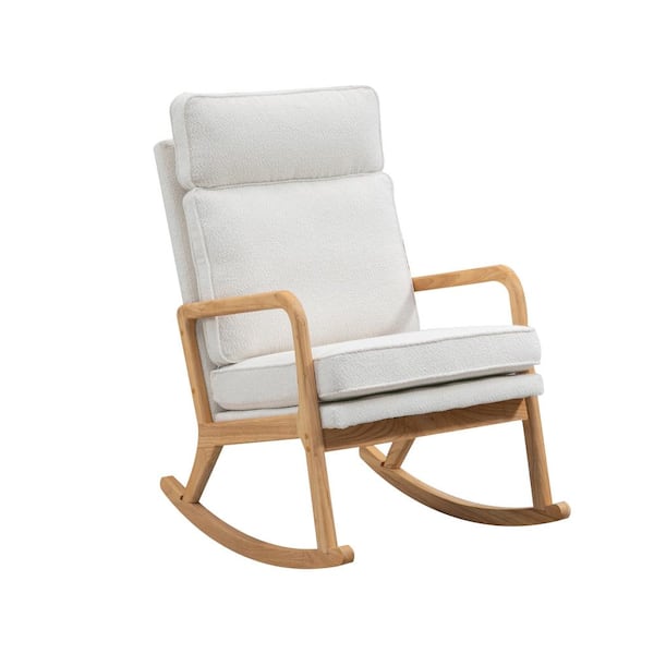 Unbranded Modern Wood Outdoor Rocking Chair with White Cushions, Comfortable Boucle Upholstered High Back