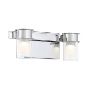 Herald Square 13 in. 2-Light Chrome LED Vanity Light with Clear and Frosted Glass Shades