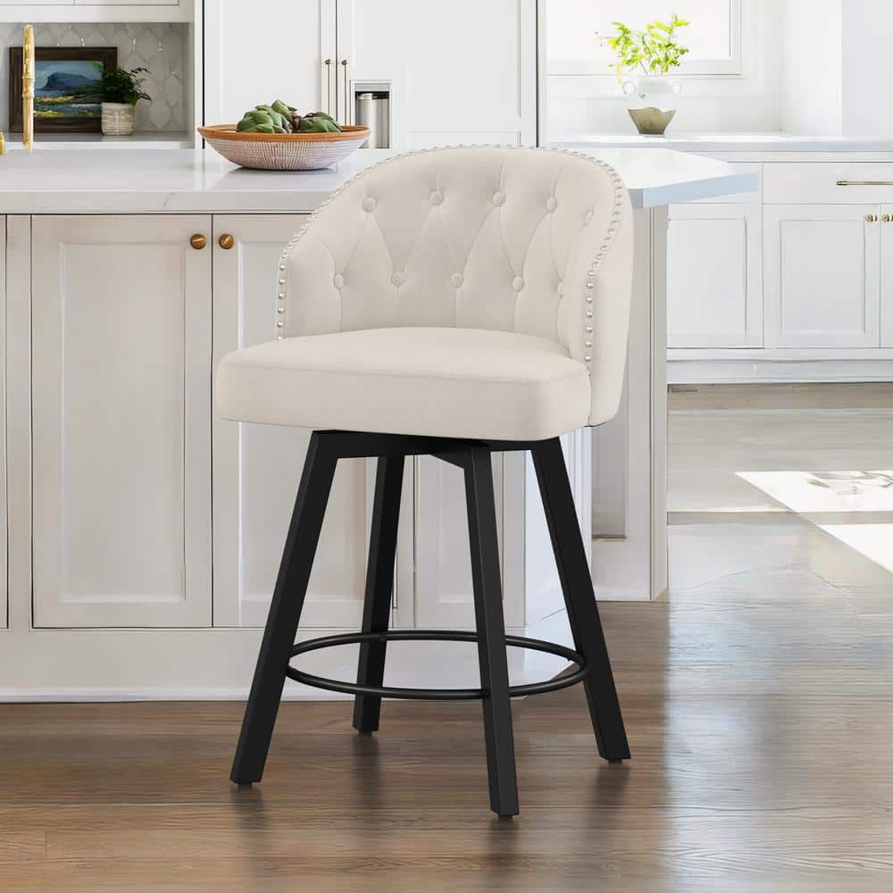 Beige Linen Upholstered Swivel Counter Height Bar Stool with Metal Frame