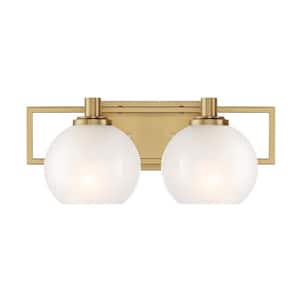 Cowen 16 in. 2-Light Brushed Gold Mid-Century Modern Vanity with Etched Glass Shades