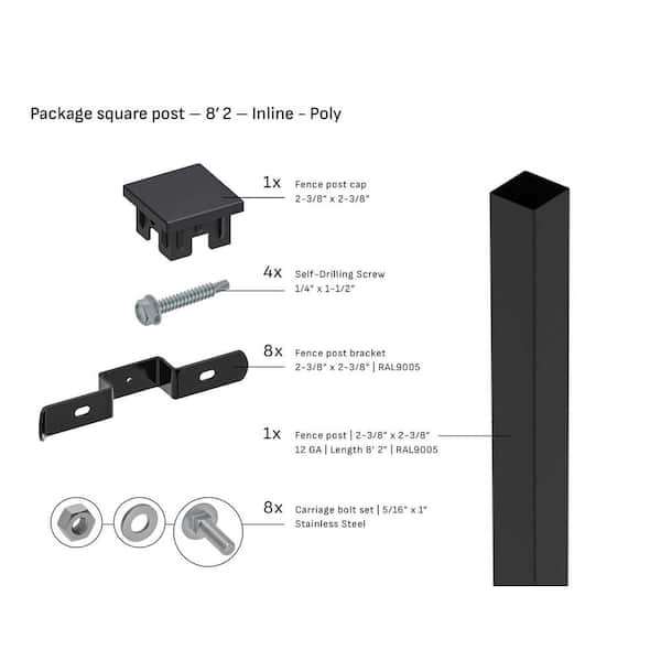 Square 2-3/8 in. x 2-3/8 in. x 8'2 ft. Poly Cap Inline Fence Black Steel Post (1-Pack)
