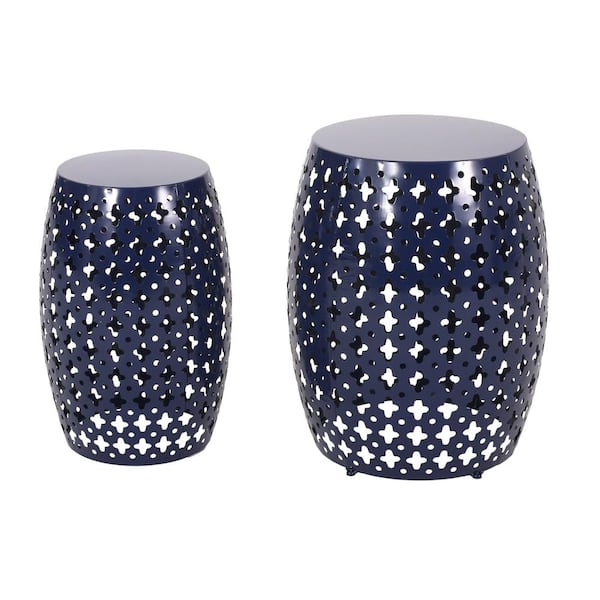 Sudzendf Navy Blue Cylindrical Iron Outdoor Side Table 2-Piece