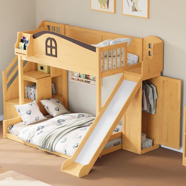 Natural and Espresso Twin Over Full Wood Bunk Bed with Slide, Storage Stairs, Built-in Wardrobe & Shelf