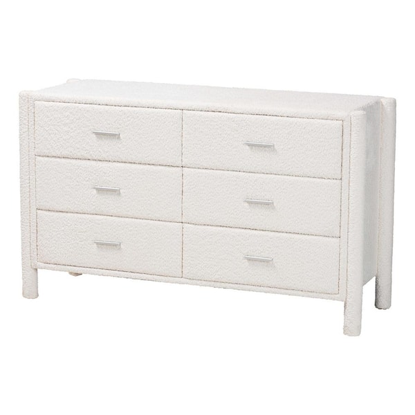 Baxton Studio Laria White Teddy Fabric 6-Drawer 50.8 in. Dresser