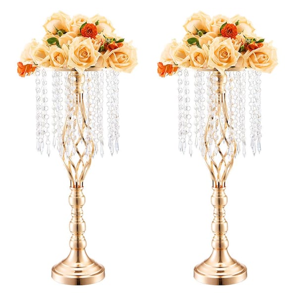 VEVOR 2 PCS 55 cm/21.65 in. Tall Crystal Wedding Flower Stand, Metal Wedding Centerpiece Vase, Gold Flower Holders Steel Round