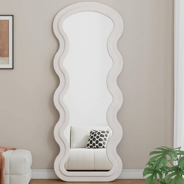 Cream White 23.62 in. W x 62.99 in. H Rectangle Flannel Decor Metal Full Length Mirror with Stand and Wooden Frame Pad