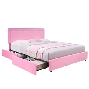 Platform Bed Frame Pink Metal Frame Full Size Platform Bed with 4-Storage Drawers, Upholstered Bed with Headboard