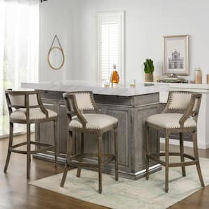 Paris 30.5 in. Light Beige Farmhouse Bar Stool with Backrest and Wood Frame