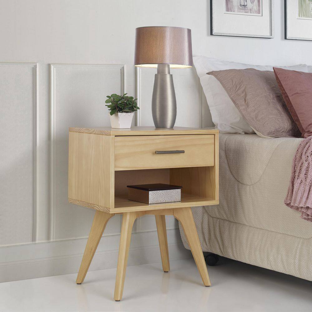 Oak Mid Century Modern Nightstand with Drawer and Shelf