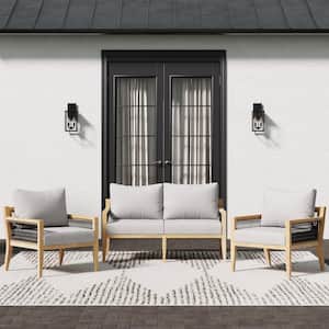 Freya Bohemian 3-Piece Outdoor Couch Patio Furniture Set, Solid Acacia Wood Frame Conversation Set with Gray Cushions