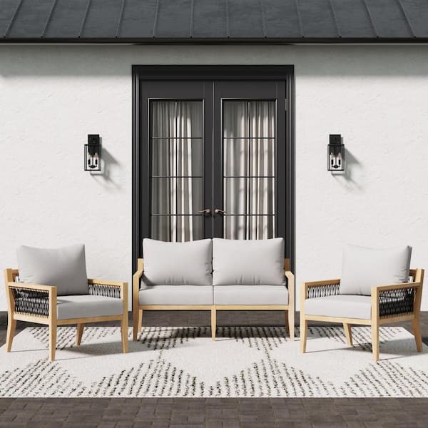 Nathan James Freya Bohemian 3-Piece Outdoor Couch Patio Furniture Set, Solid Acacia Wood Frame Conversation Set with Gray Cushions