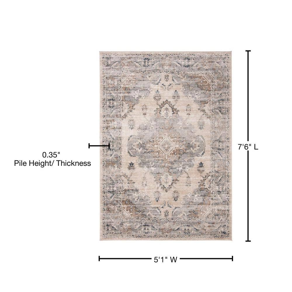 Beige and Gray Floral Hand-knotted Area Rug, 5'1" x 7'6"