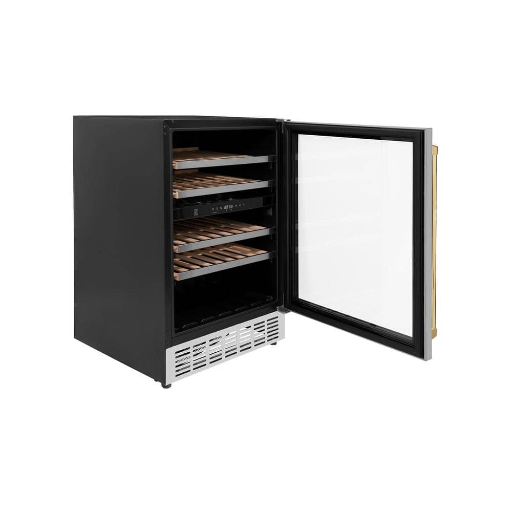Stainless Steel Dual Zone Wine Cooler with Gold Handle and Interior Lighting