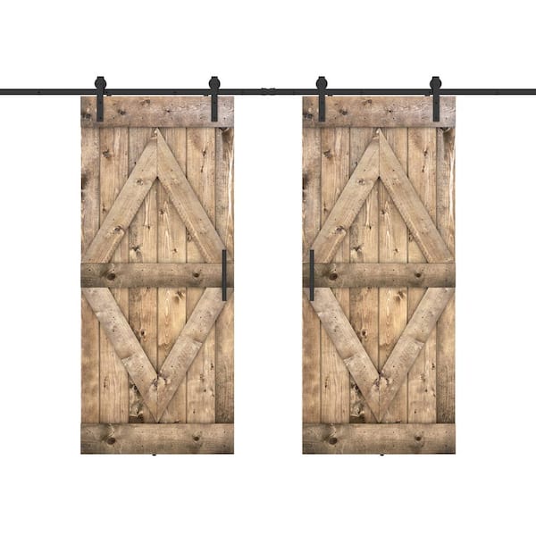 Dessliy Diamond Series 60 in. x 84 in. Fully Set Up Dark Walnut Finished Pine Wood Sliding Barn Door with Hardware Kit