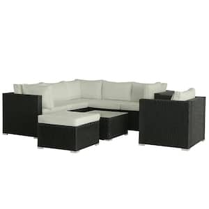 Black 8-Piece Wicker Patio Conversation Set with Beige Cushions