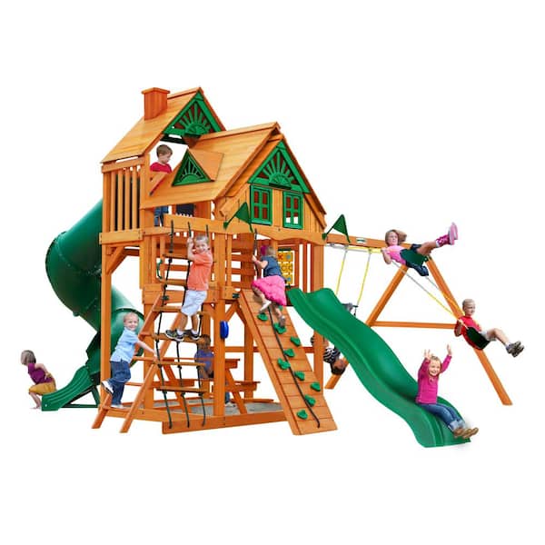 Gorilla Playsets Great Skye I Treehouse Wooden Outdoor Playset with 2 Slides, Rock Wall, Picnic Table, and Backyard Swing Set Accessories