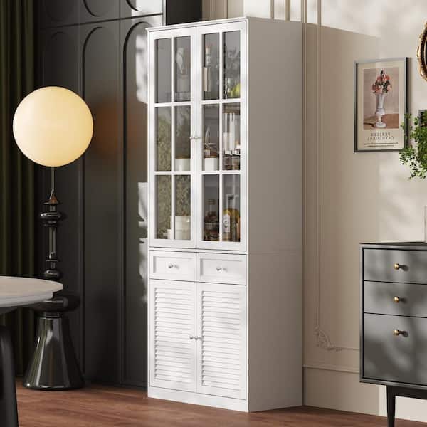 White Wooden 31.5 in. W x 78.7 in. H Sideboard, Storage Cabinet, Bookcase with 2-Drawers, 5-shelves and 4-Doors