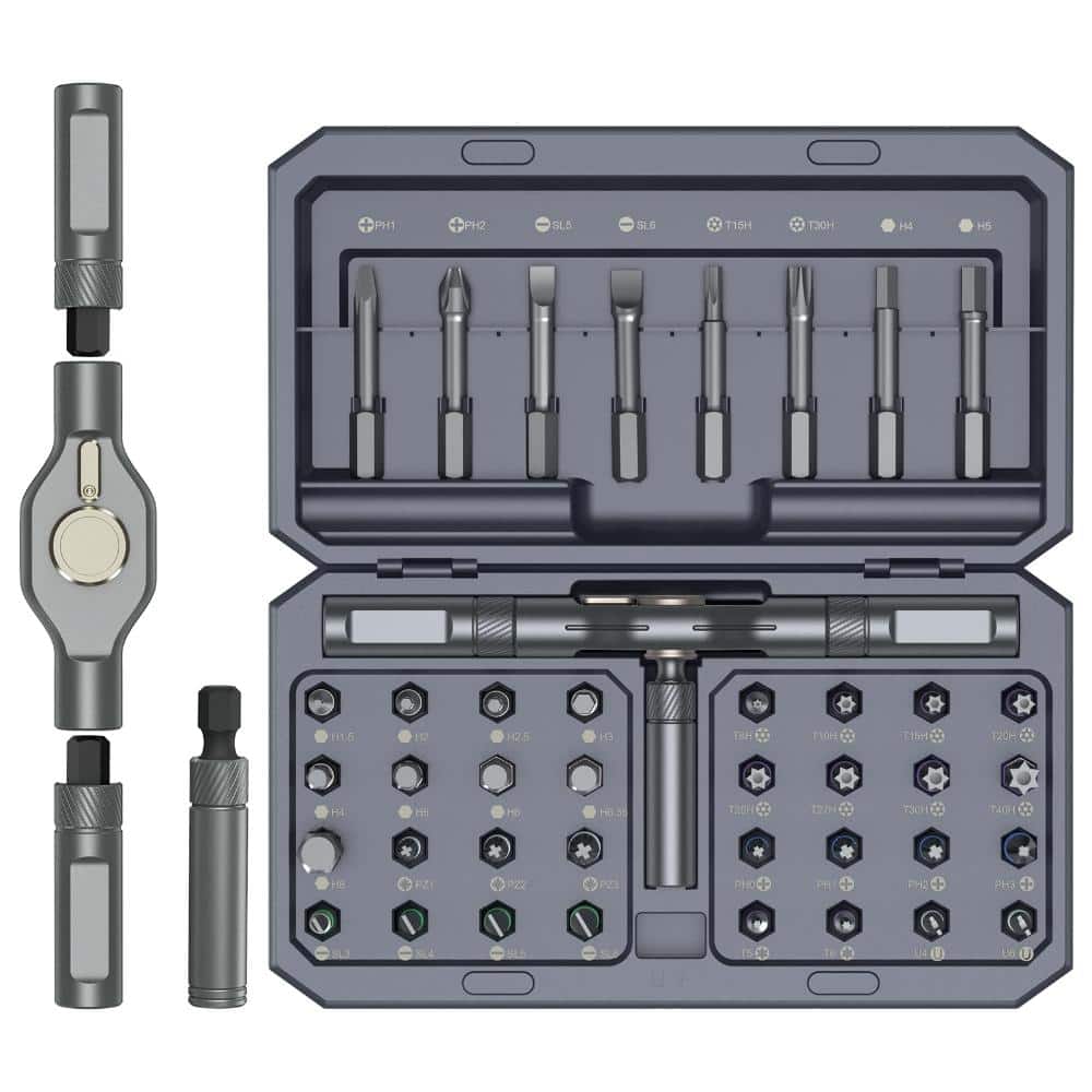42-Piece Magnetic Ratcheting Screwdriver Set with Case, 40 Bits, Aluminum Handle for Furniture and Bike Repair