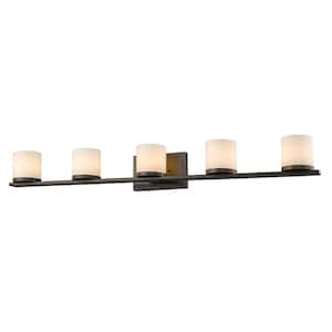 Nori 40 in. 5-Light Bronze Shaded Vanity Light with Matte Opal Glass Shade with Bulbs Included