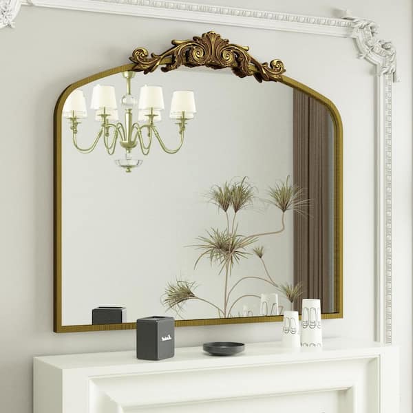 Apmir 36 in. W x 30 in. H Arch Aluminum Alloy Framed French Cleat Mounted Baroque Wall Decor Bathroom Vanity Mirror in Gold
