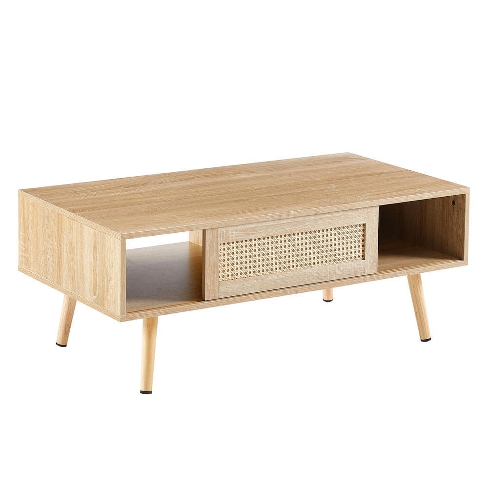 Natural Wood and MDF Rectangular Coffee Table with Rattan Detail