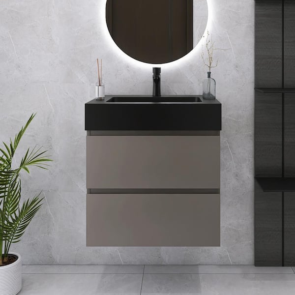Unbranded 24 in. W x 18 in. D x 25 in. H Wall Mounted Bath Vanity in Space Grey with Black Quartz Sand Top
