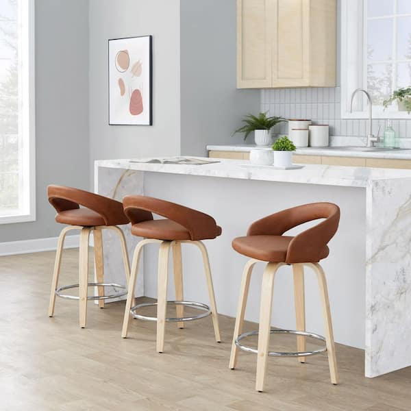 Grotto Upholstered 24 in. Natural Wood and Camel Faux Leather Fixed-Height Counter Stool (Set of 2)