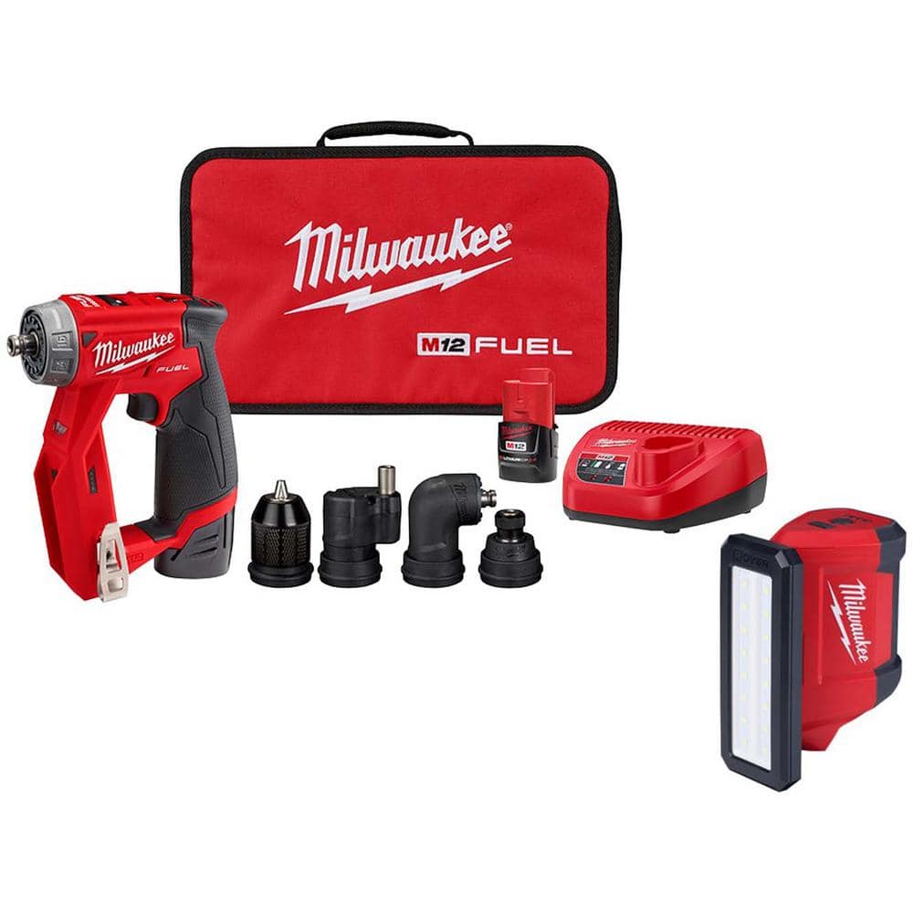 Includes, 1 installation drill/driver (2505-20), 4 dedicated solutions (3/8 in. chuck, 1/4 in. hex, offset and right angle), 2 M12 REDLITHIUM CP2.0 battery packs (48-11-2420), 1 M12 charger (48-59-2401), 1 belt clip, 1 compartmentalized contractor bag, and 1 M12 rover service and repair flood light with usb