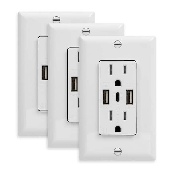 15 Amp Decorator Tamper Resistant Duplex Receptacle, 5.6A USB Outlet Type C/A, White (3-Pack)