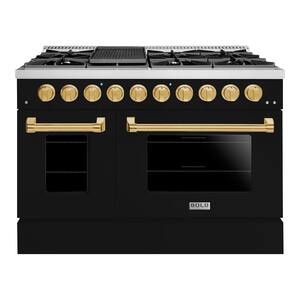 BOLD 48 in. TTL 6.7 cu. ft. 8 Burner Freestanding All Gas Range with Gas Stove, Gas Oven, Glossy Black with Brass Trim