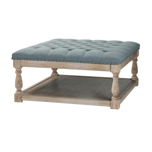 JAYDEN CREATION Faiym Polyester Blue Shelved Tufted Square Upholstered Cocktail Ottoman Coffee Table with Storage