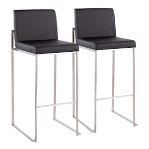 Fuji 40.5 in. Black Faux Leather and Stainless Steel High Back Bar Stool (Set of 2)
