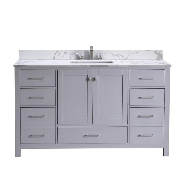 YASINU Mabelly 60 in. W x 22 in. D x 39 in. H Freestanding Bath Vanity in Gray with Belly White Cultured Marble Top
